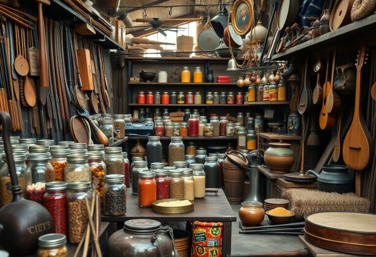 Eine alte Speisekammer mit überfüllten Regalen mit Gläsern, Gewürzen, Körnern und getrockneten Lebensmitteln; ringsherum Holzutensilien, Töpfe und Küchengeräte.