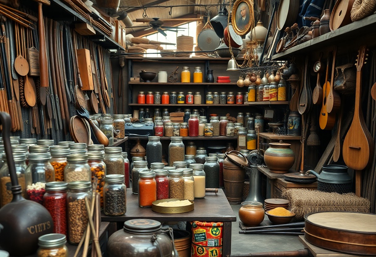 Eine alte Speisekammer mit überfüllten Regalen mit Gläsern, Gewürzen, Körnern und getrockneten Lebensmitteln; ringsherum Holzutensilien, Töpfe und Küchengeräte.