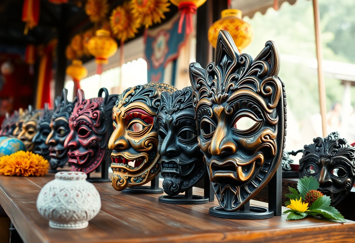 Verschnörkelte, farbenfrohe Masken mit verschlungenen Mustern auf einem Holztisch, der mit gelben Blumen, einem Topf und Laternen geschmückt ist.