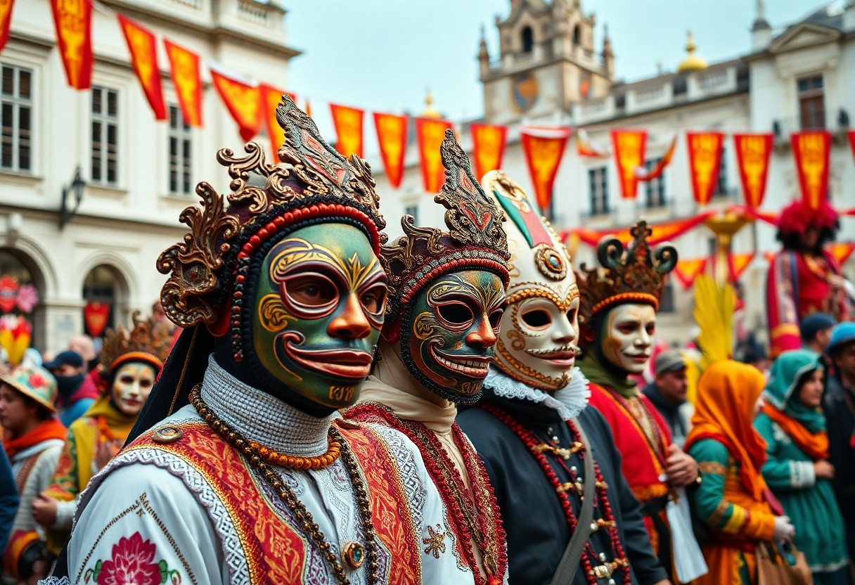 Menschen in bunten Masken und Trachten stehen bei einem Fest vor Bannern und einem historischen Gebäude im Freien.