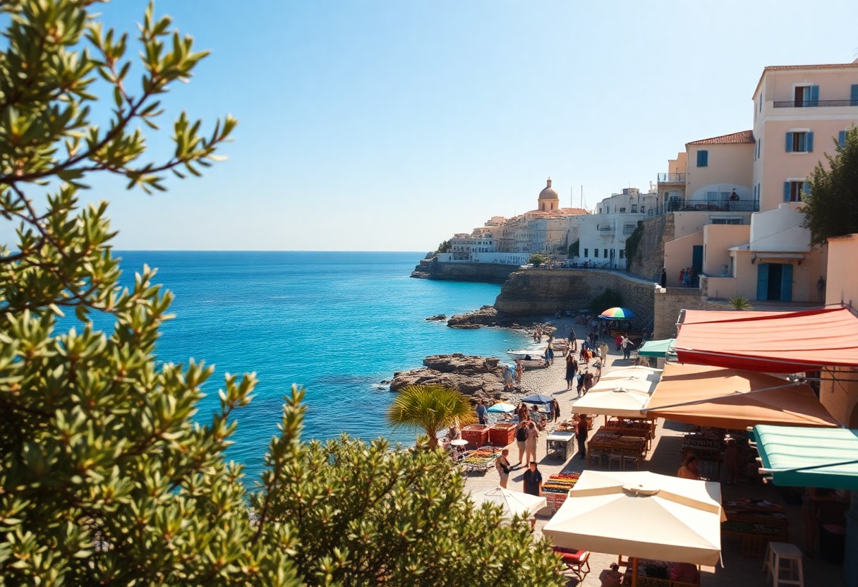 Menschen spazieren an einer Promenade mit bunten Schirmen und Tischen am türkisfarbenen Meer vor weißen Küstenhäusern.