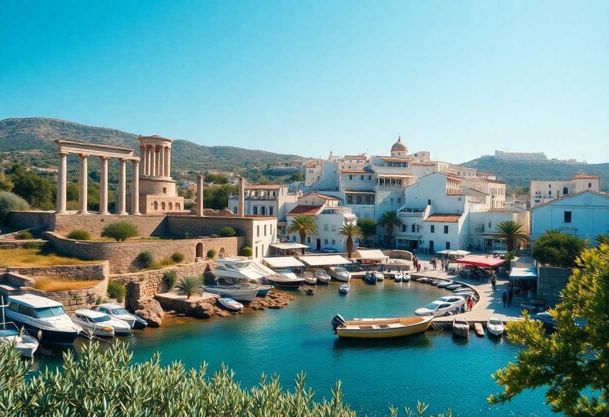 Kleiner Hafen mit Booten, weißen Mittelmeerhäusern, Palmen. Auf dem Hügel römische Ruinen, grüne Hügel und blauer Himmel.