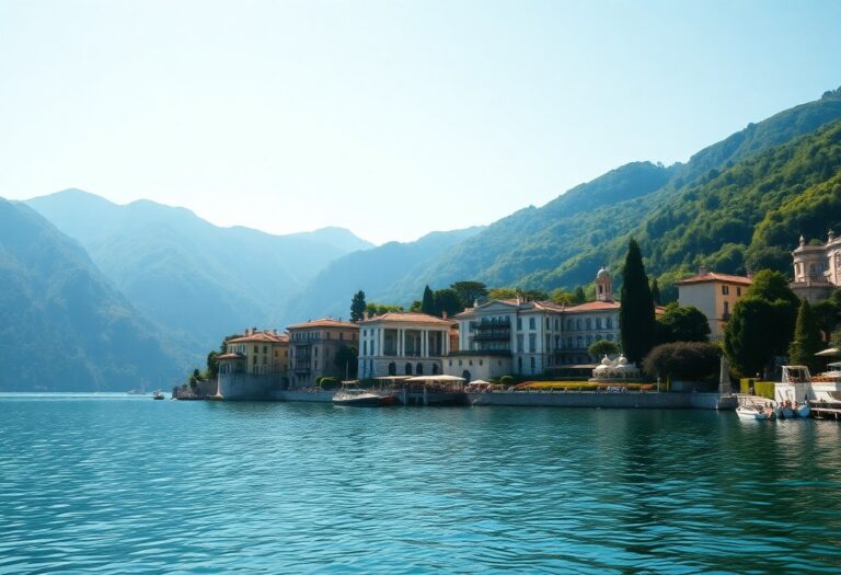 Villen am Wasser mit roten Dächern stehen am See, umgeben von grünen Hügeln und fernen Bergen unter klarem Himmel.