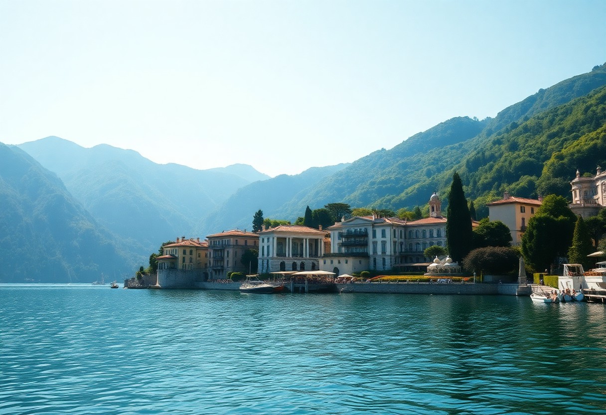 Villen am Wasser mit roten Dächern stehen am See, umgeben von grünen Hügeln und fernen Bergen unter klarem Himmel.