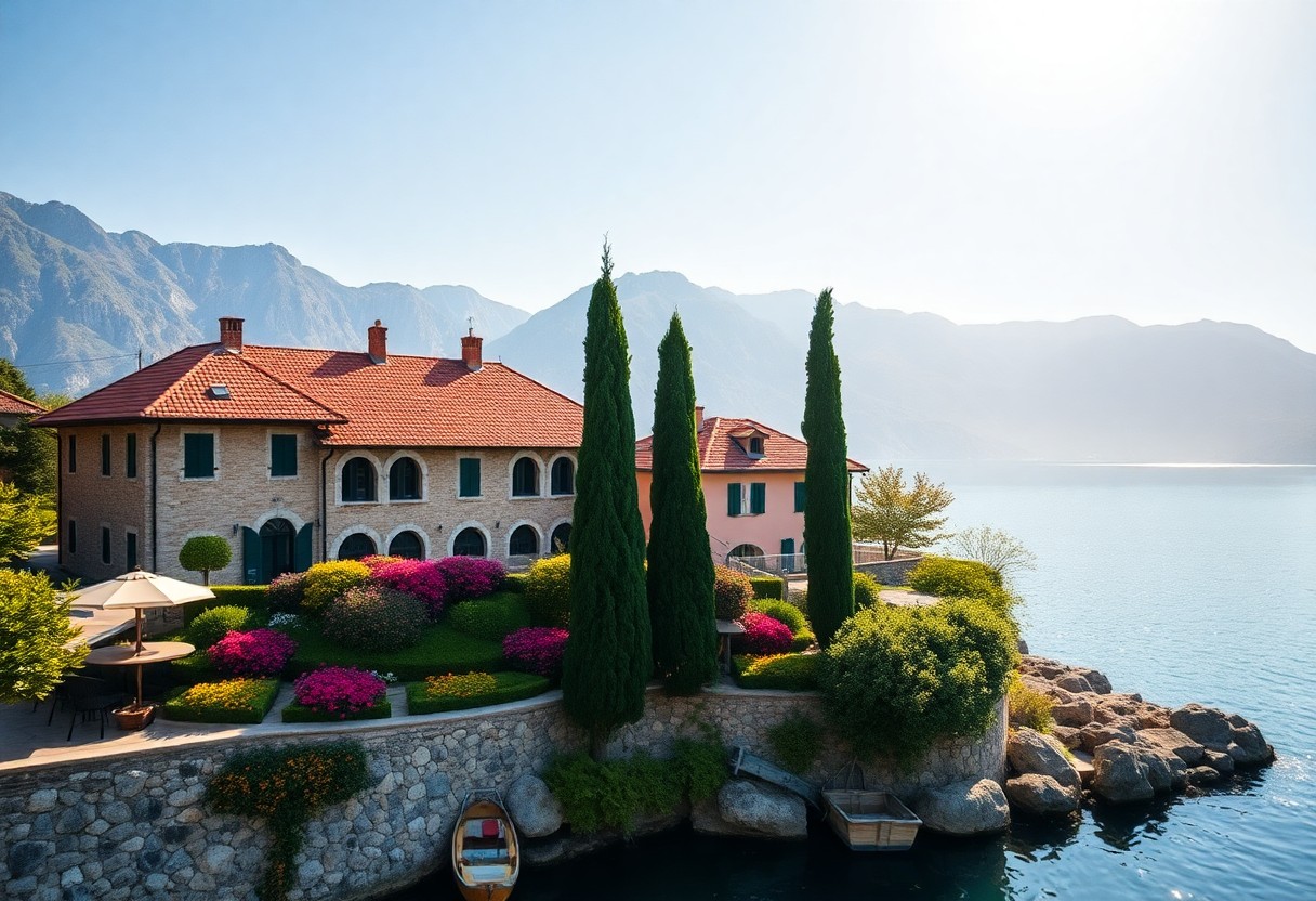 Villa mit rotem Ziegeldach am See, umgeben von Gärten, Blumen, Zypressen und Bergen unter klarem Himmel.