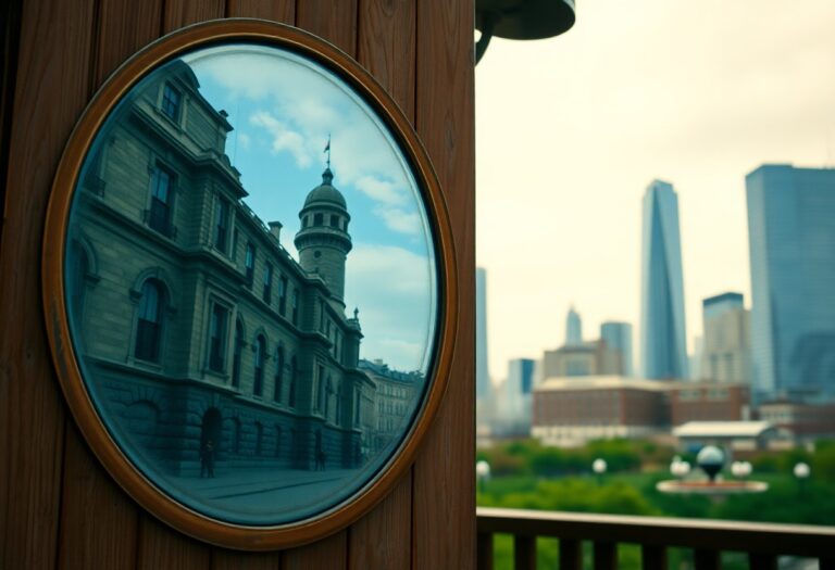 Ein kreisförmiger Spiegel an einer Holzwand reflektiert ein altes Steingebäude; im Hintergrund erscheint eine unscharfe moderne Hochhaussilhouette.