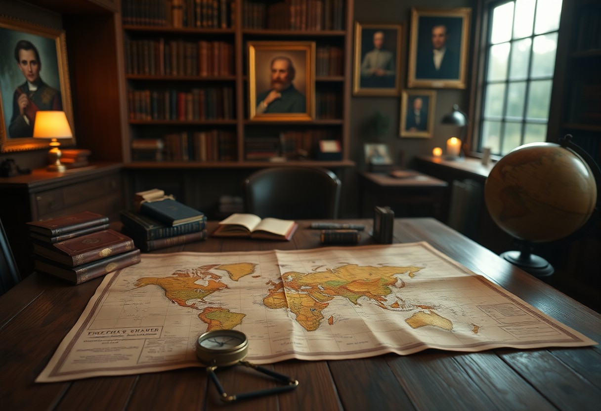 Vintage-Arbeitszimmer: Weltkarte, Kompass, Bücher auf einem Holztisch; Bücherregale, Globus, Porträts und Fenster in warmem Licht.