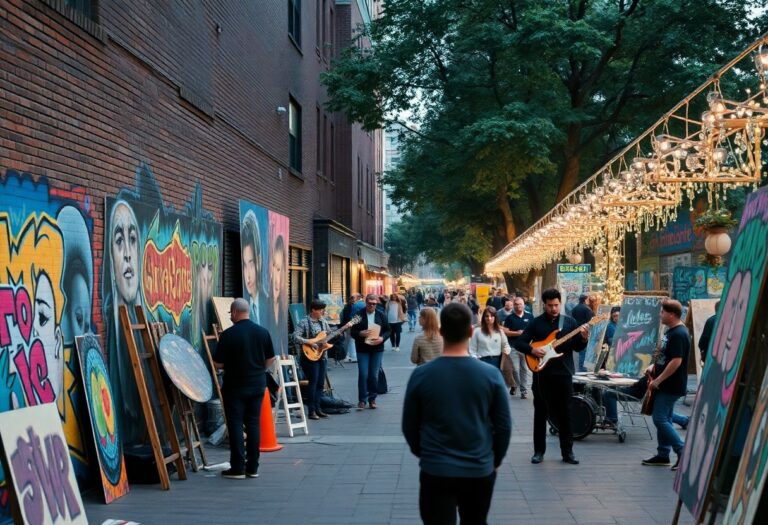 Straßenszene in der Abenddämmerung: Musiker spielen, Menschen gehen spazieren, Graffiti an den Wänden; unter großen Bäumen hängen Lichterketten, die eine festliche Stimmung erzeugen.
