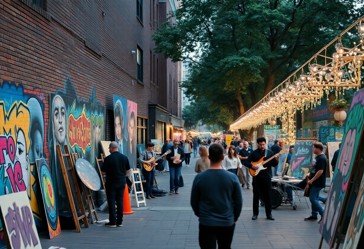 Straßenszene in der Abenddämmerung: Musiker spielen, Menschen gehen spazieren, Graffiti an den Wänden; unter großen Bäumen hängen Lichterketten, die eine festliche Stimmung erzeugen.