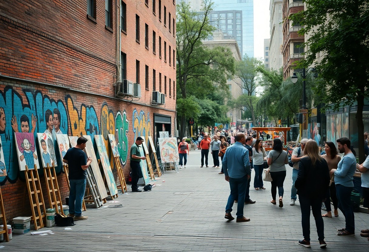 Menschen betrachten Kunst auf Staffeleien vor einer mit Graffiti bedeckten Wand, umgeben von hohen Gebäuden und Bäumen.