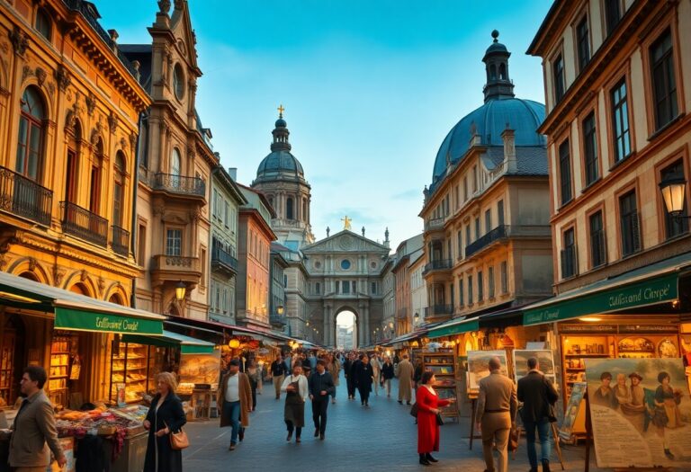 Fußgängerzone mit Marktständen, Menschen und historischen Gebäuden sowie Kuppelkirchen bei blauem Himmel im Sonnenuntergang.