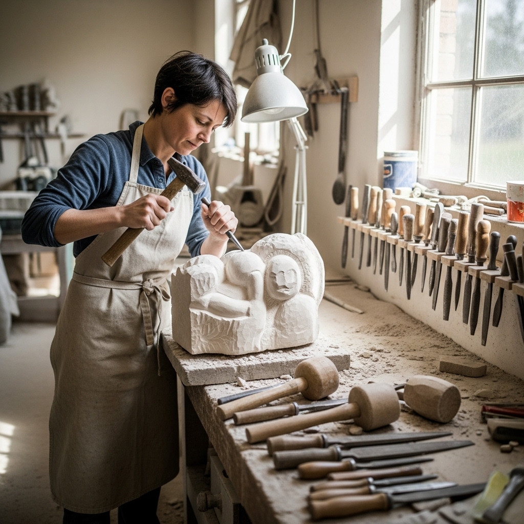 Steinmetz in Schürze arbeitet an Steinfigur in hellem Atelier mit Werkzeugen, Sonnenlicht fällt durchs Fenster.