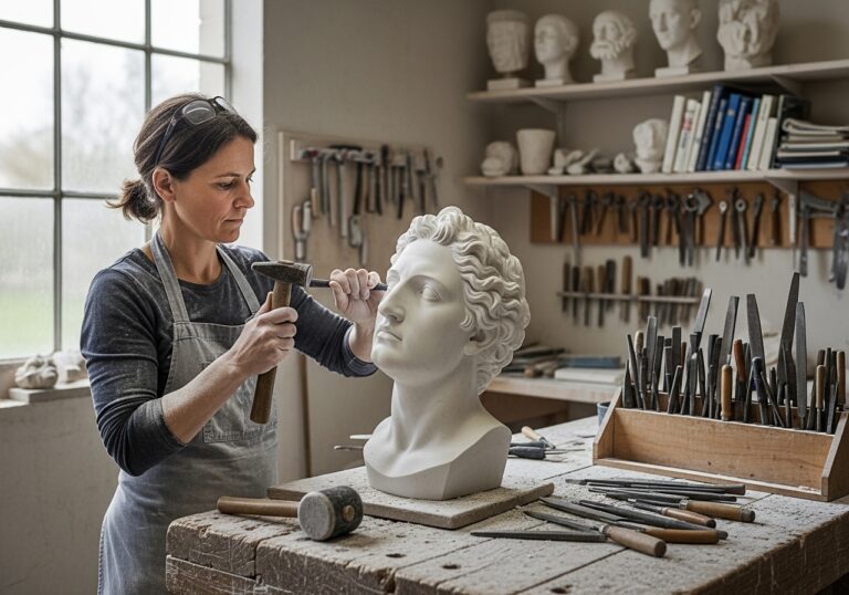 Eine Bildhauerin in einer Schürze bearbeitet eine Marmorbüste mit Hammer und Meißel in einem Atelier mit Werkzeugen, Skulpturen und Kunstbüchern.