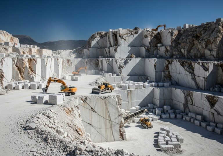 Marmorsteinbruch mit terrassenförmigen weißen Wänden, gelben Baggern, gestapelten Blöcken, blauem Himmel und Bergen im Hintergrund.