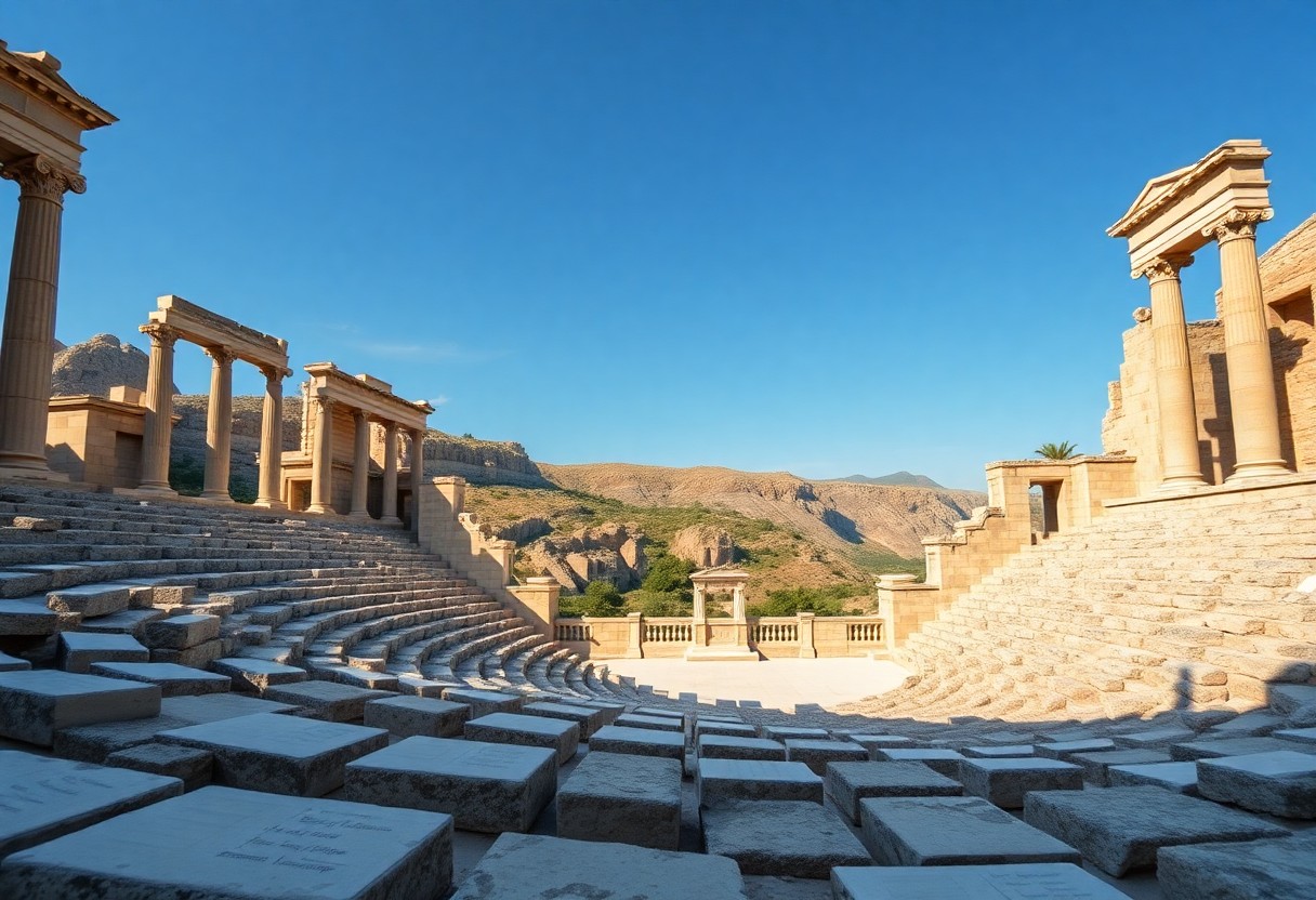 Antikes steinernes Amphitheater mit Sitzreihen, Säulen und teilweisen Mauern vor den Bergen unter einem klaren Himmel.