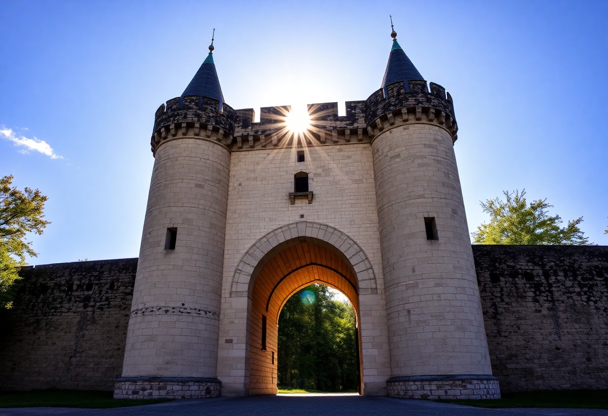Steinernes Burgtor mit zwei runden Türmen, grünen Dächern, sonnenbeschienenen Zinnen, gewölbtem Weg, blauem Himmel und grünen Bäumen.