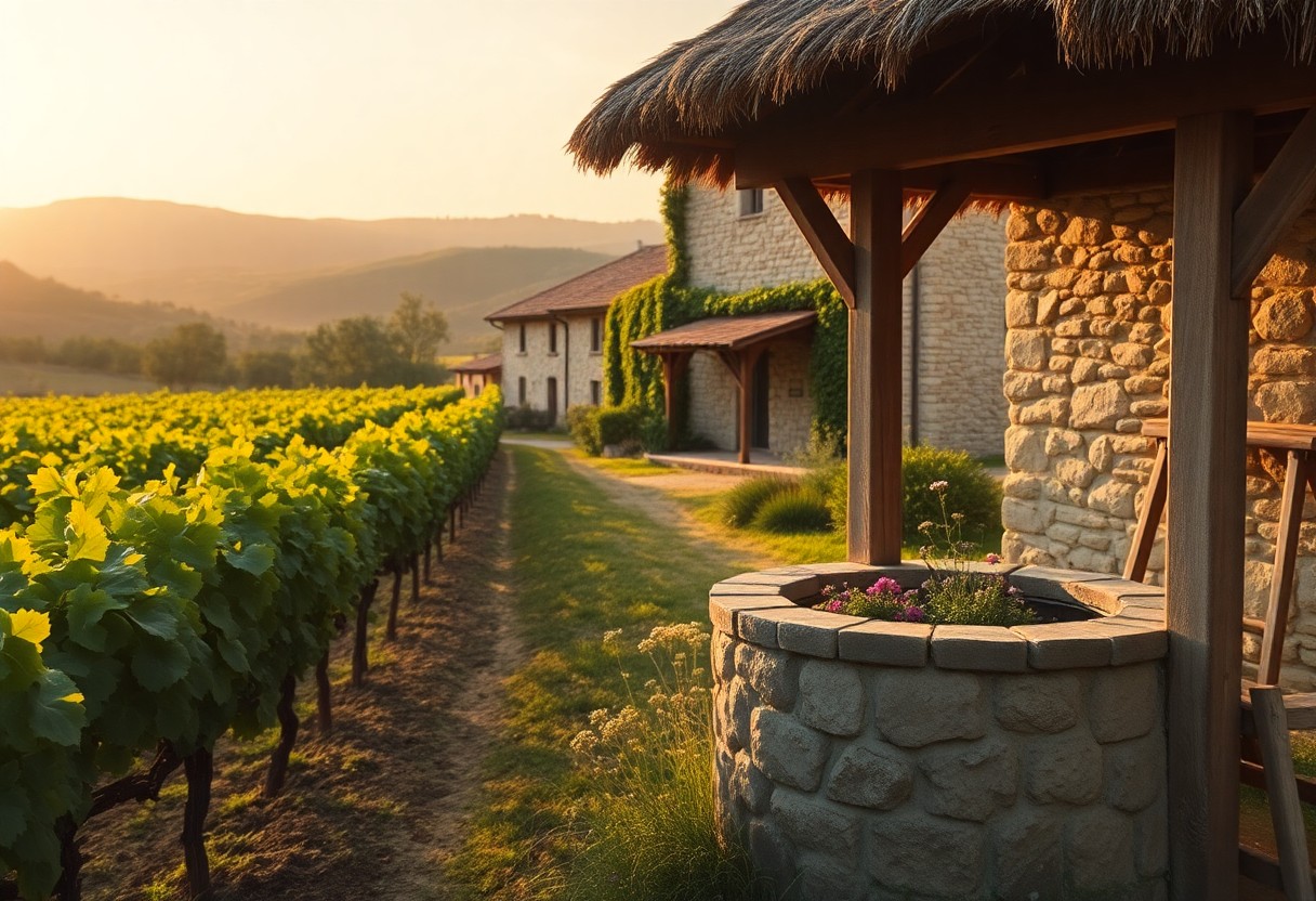 Steinbrunnen mit Blumen neben dem strohgedeckten Steinhaus, mit Blick auf Weinberge und Hügel bei Sonnenuntergang.