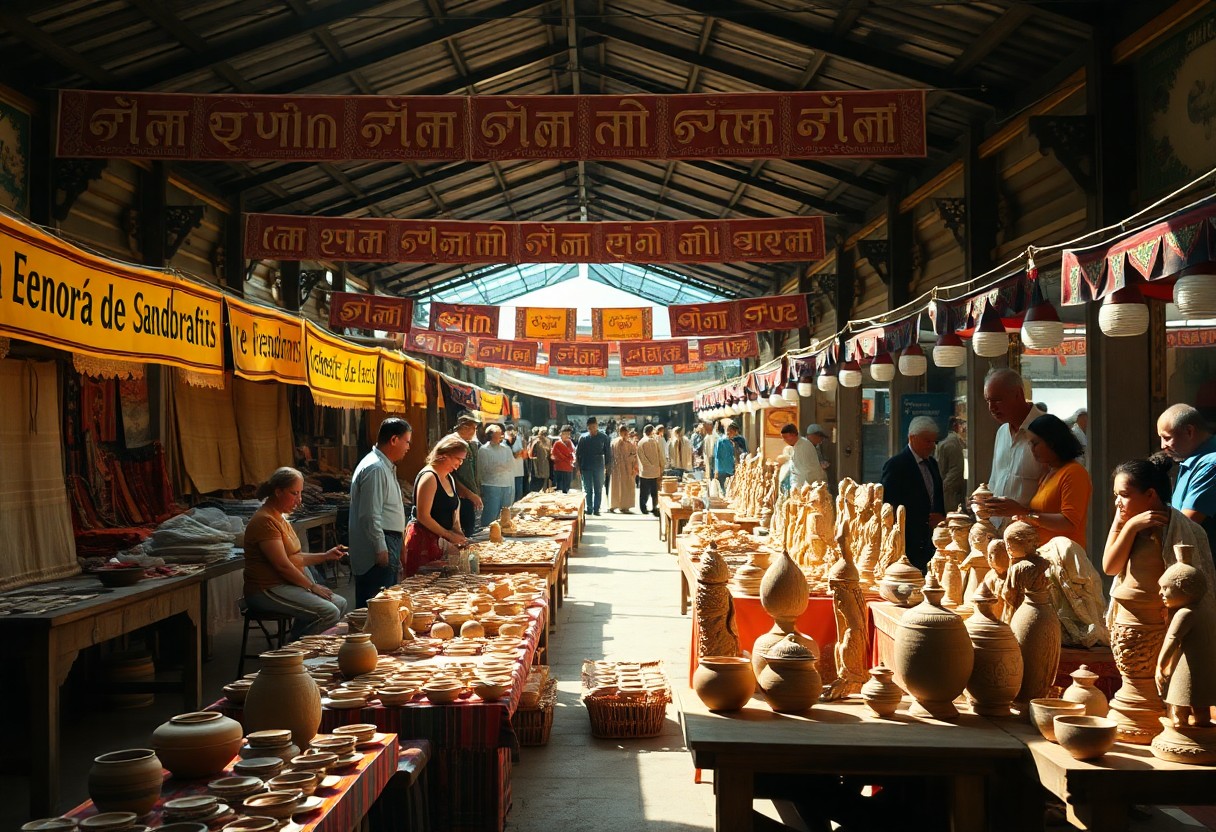 Ein überdachter Markt mit Töpferständen, bunten Hindi-Bannern über dem Kopf und Sonnenlicht, das durch das Dach fällt.