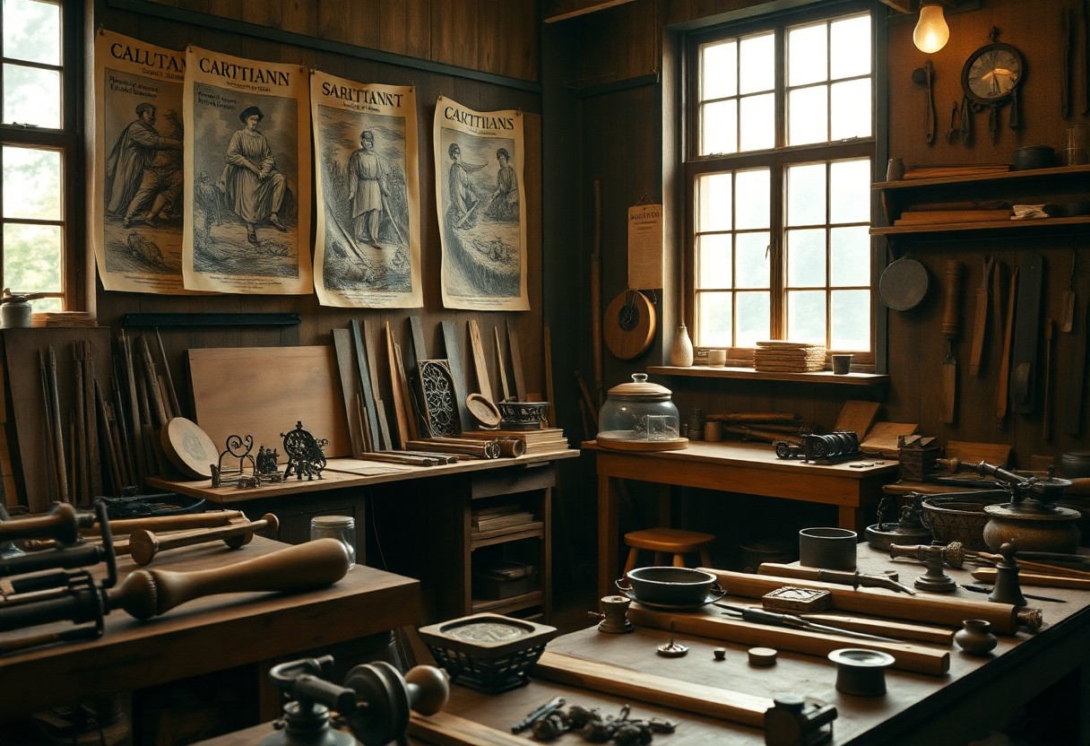 Historische Werkstatt mit Holzwänden, Werkzeugen und Geräten. Plakate mit historischen Figuren darüber. Warmes Licht vom großen Fenster.