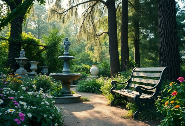 Eine Holzbank an einem Blumenweg in einem Garten mit hohen Bäumen, einem Springbrunnen, Statuen und Sonnenlicht, das durch die Zweige fällt.