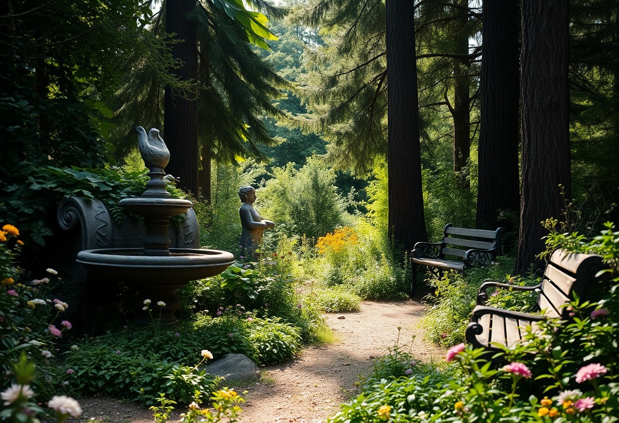 Sonniger Garten mit zwei Bänken vor einem Steinbrunnen und einer Statue, umgeben von Blumen, Bäumen und viel Grün.