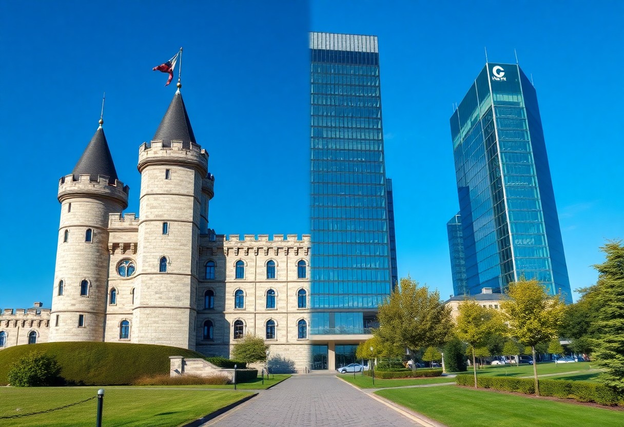 Links eine Steinburg mit Türmen und Fahnen, rechts moderne Glaswolkenkratzer, davor grüne Wiese und Bäume bei blauem Himmel.