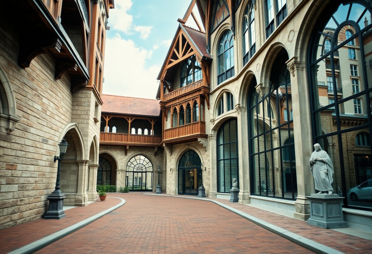 Geschwungener Ziegelweg zwischen gotischen Steingebäuden mit Bogenfenstern, Statuen entlang des Weges, Grün im Hintergrund.