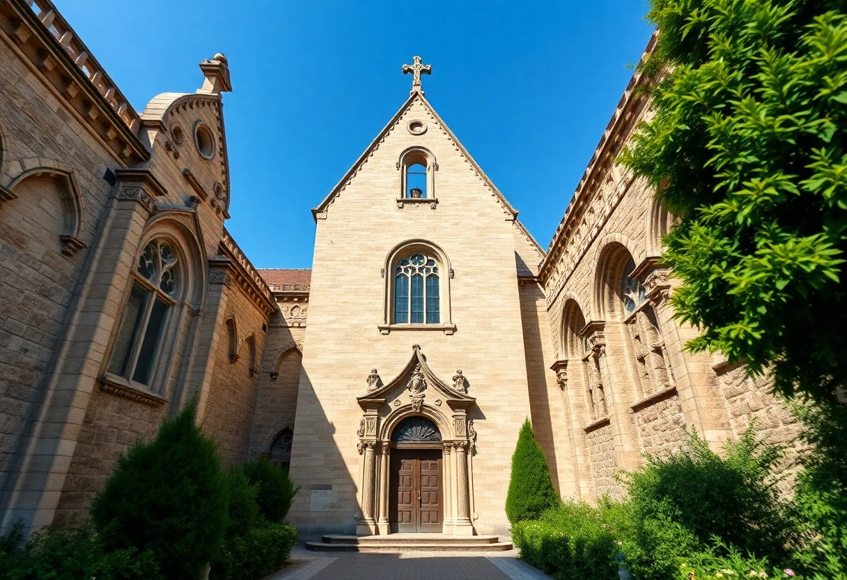Steinkirche mit spitzer Fassade, gewölbten Fenstern, Kreuz auf dem Dach, umgeben von grünen Büschen und Bäumen unter blauem Himmel.