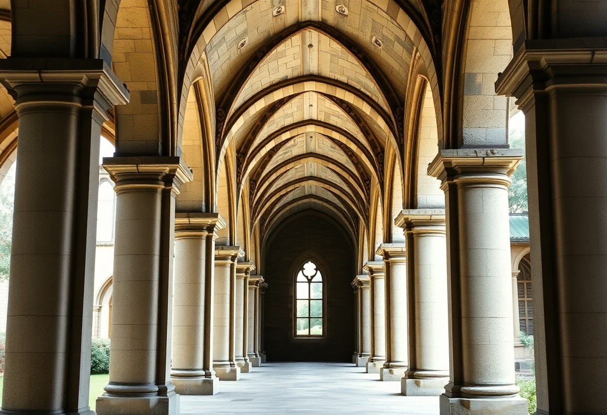 Steinerner Korridor mit gewölbten Decken, hohen Säulen und einem Fenster am Ende, das durch natürliches Seitenlicht beleuchtet wird.