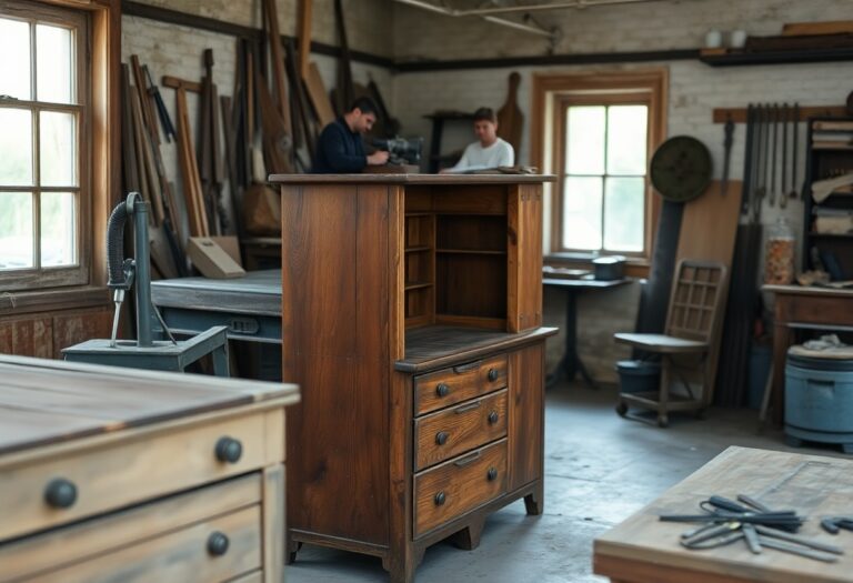 Eine hölzerne Kommode in einer Tischlerwerkstatt, Werkzeuge und Holz drum herum. Zwei Personen arbeiten in der Nähe eines Fensters mit Holzbearbeitungsgeräten.