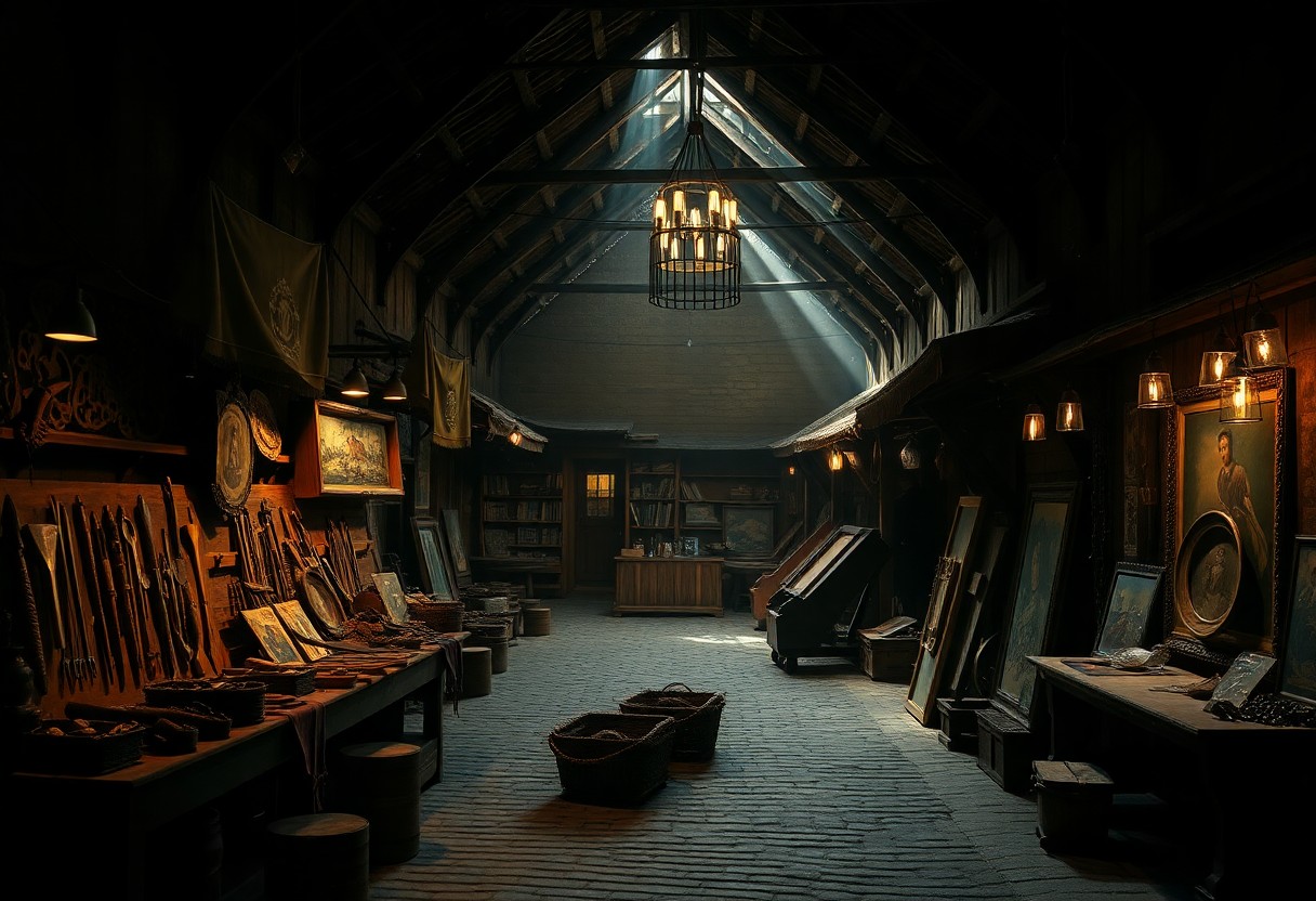 Rustikaler Raum mit Holzdecke, alten Gemälden, Artefakten, Büchern und Sonnenlicht auf Pflastersteinboden.