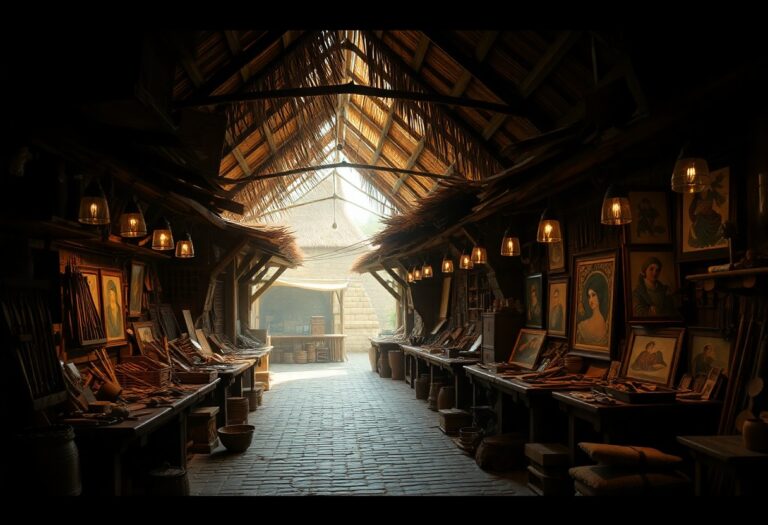 Rustikale Marktgasse mit Strohdach, gesäumt von Kunst, Holzhandwerk und Töpferwaren. Hängende Lampen und Sonnenlicht erhellen die Szene.