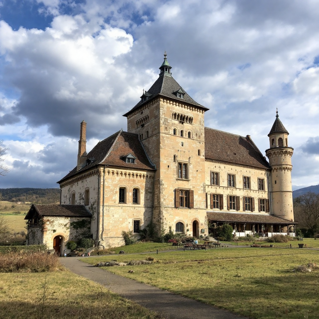 Historische Steinburg mit Turm und steilen Dächern unter teilweise bewölktem Himmel, umgeben von Gras und fernen Hügeln.