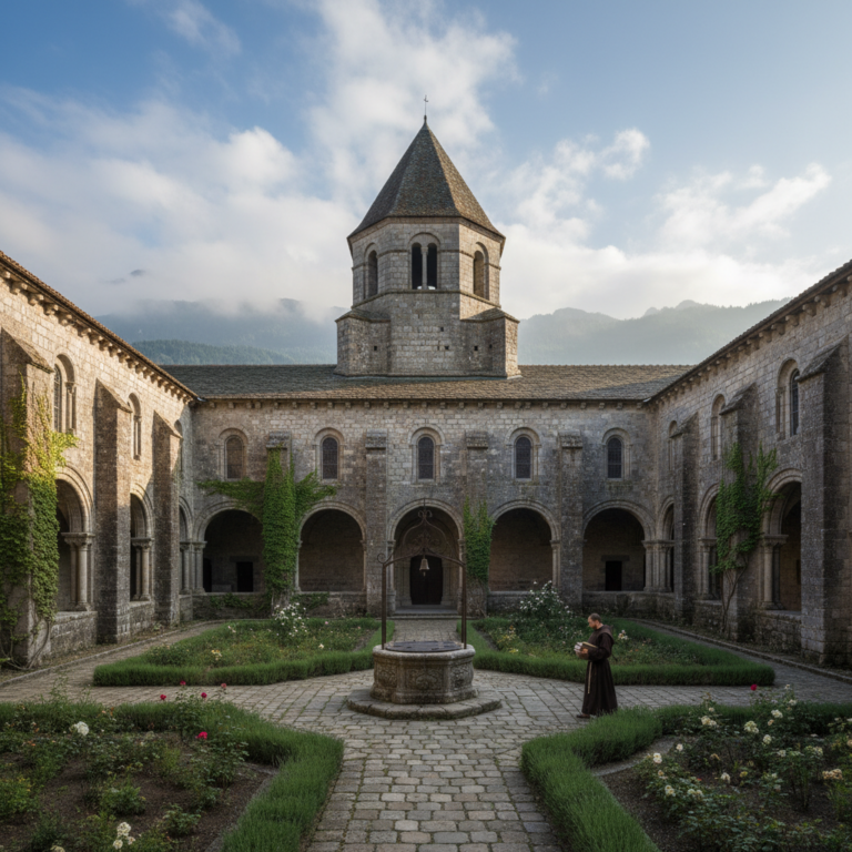 Mönch am Steinbrunnen im alten Klosterhof mit Blumenbeeten, Efeuwänden und Glockenturm unter teilweise bewölktem Himmel.