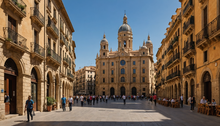 Plaza mit Menschen, Cafés und gelben historischen Gebäuden vor einer Kathedrale mit Kuppel und zwei Türmen bei blauem Himmel.