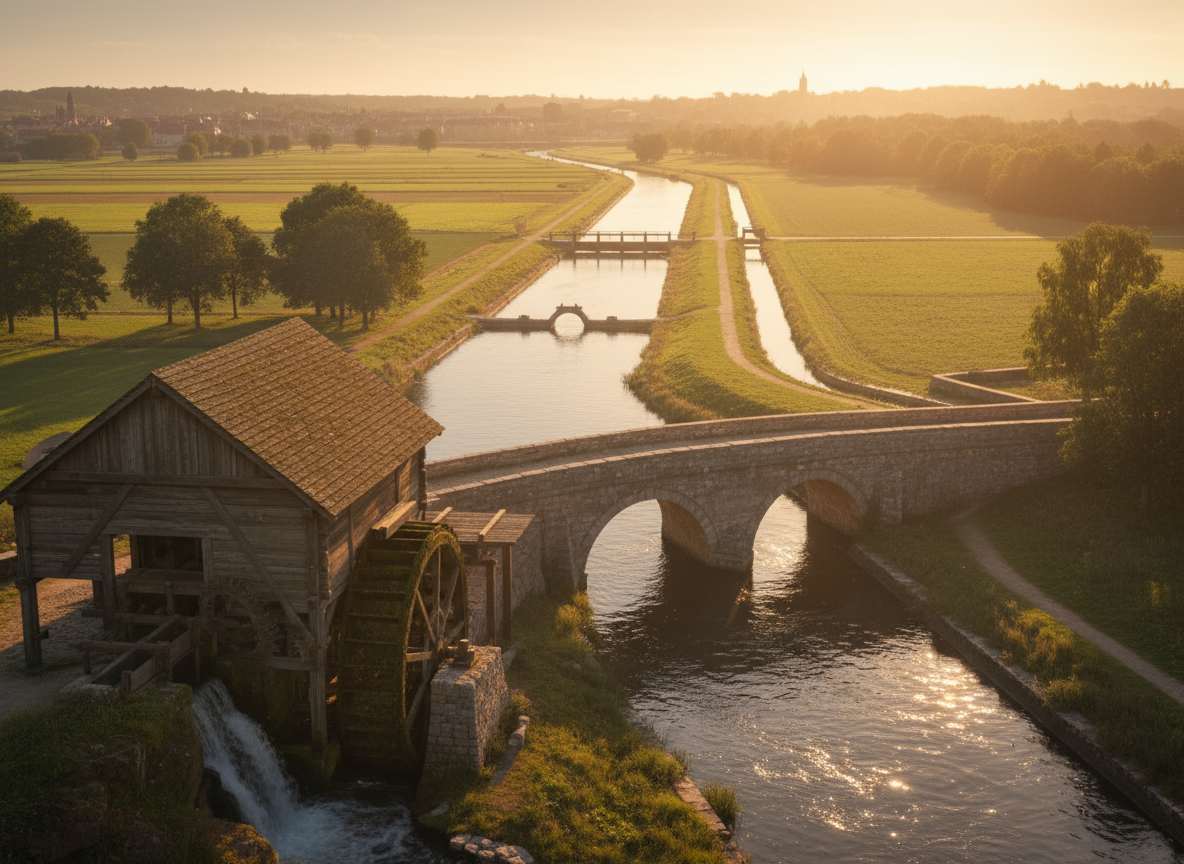 Holzwassermühle neben Steinbrücke über ruhigem Fluss, umgeben von grünen Feldern und Bäumen im warmen Sonnenlicht.