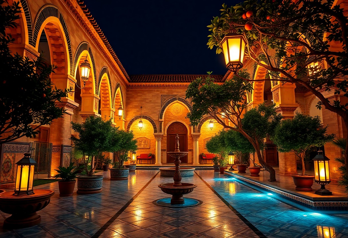 Beleuchteter Innenhof bei Nacht mit Rundbögen, Fliesenboden, Pflanzen, Laternen und zentralem Brunnen im mediterranen Stil.