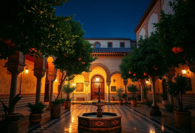 Beleuchteter Innenhof bei Dämmerung mit Brunnen, Fliesenboden, Orangenbäumen und Bögen mit Laternen.