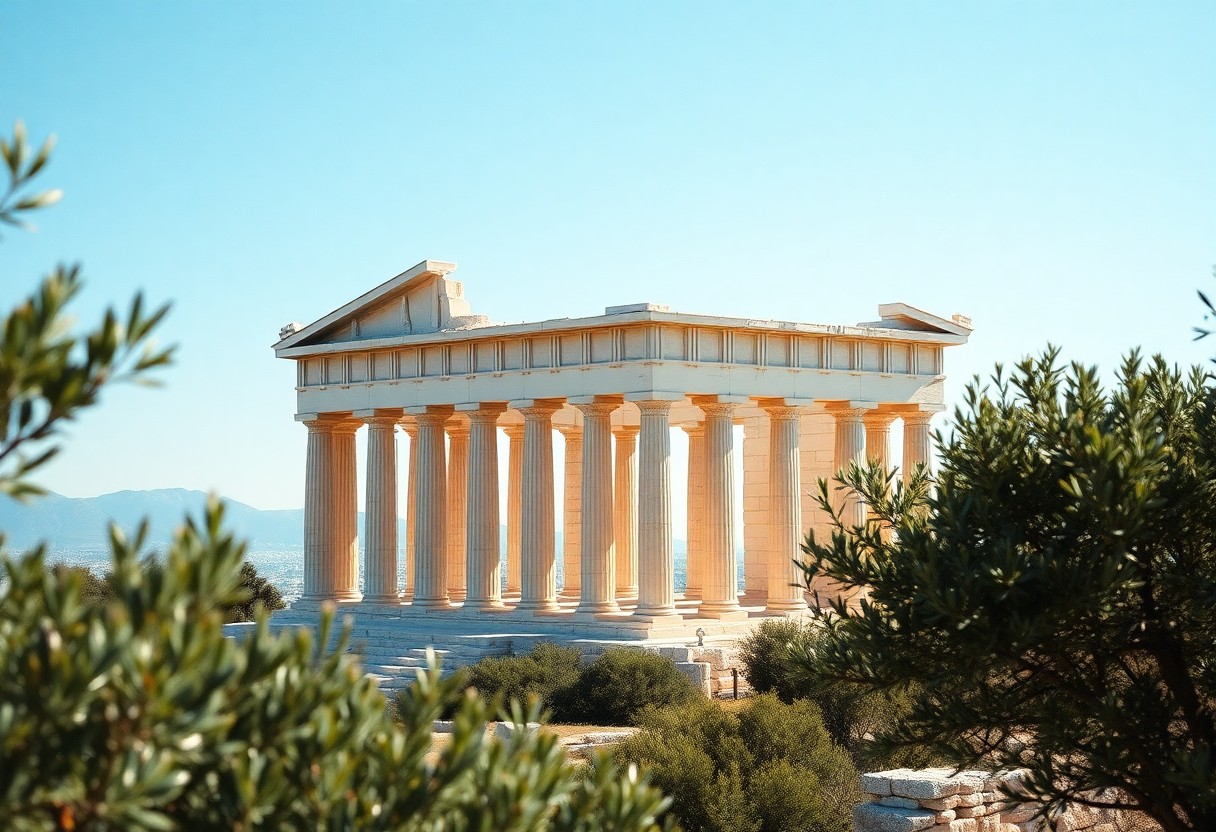 Antiker griechischer Tempel mit hohen Säulen, teilweisem Giebel, sonnenbeschienen, umgeben von Blattwerk und blauem Himmel.