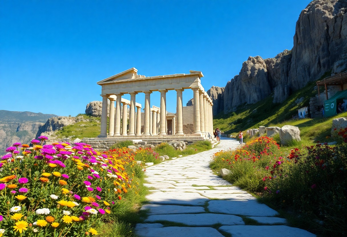 Ein mit Blumen geschmückter Steinweg führt zu einem Tempel im griechischen Stil an felsigen Klippen unter blauem Himmel; Menschen sind in der Nähe der Ruinen.