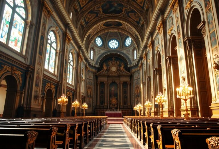 Das Sonnenlicht scheint durch Buntglas auf ein Kircheninnere mit Bögen, Fresken, Kronleuchtern, Kirchenbänken und einem verzierten Altar.