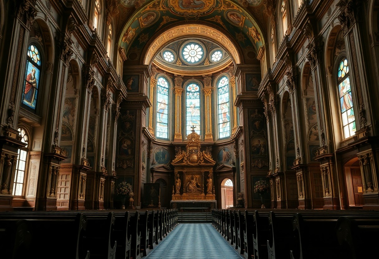 Prächtige Kircheninnere mit Buntglas, Fresken, Goldakzenten, Holzbänken und Altar unter einer Kuppel im Tageslicht.