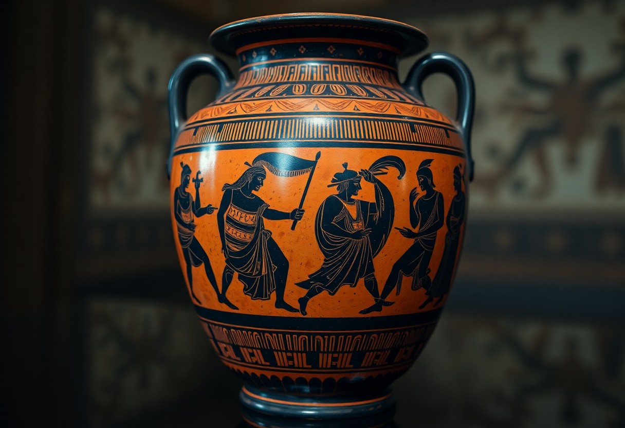 Antike griechische schwarzfigurige Vase mit zwei Henkeln; vier Figuren in traditioneller Kleidung, Gegenstände in der Hand, auf Orange mit Mustern.