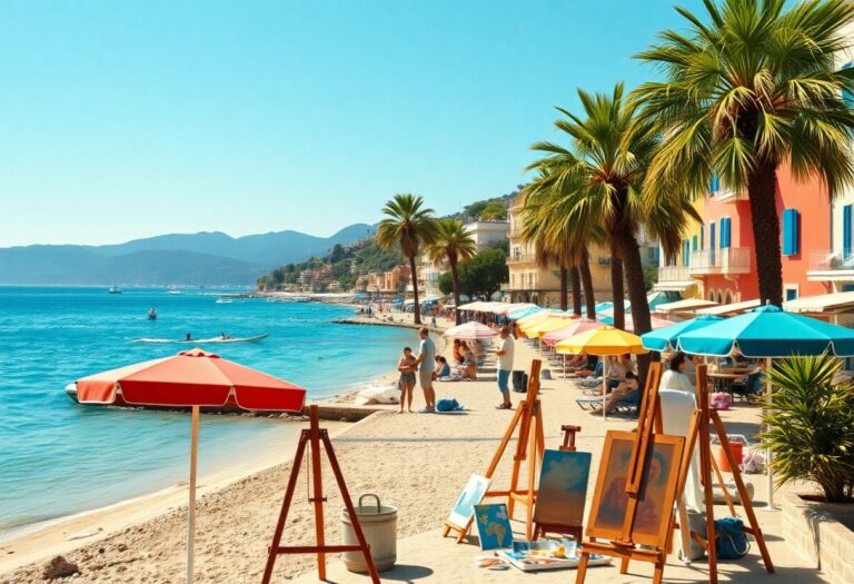 Regenschirme, Gemälde, Palmen und Menschen an einer sonnigen Strandpromenade mit pastellfarbenen Gebäuden am klaren Meer und fernen Bergen.