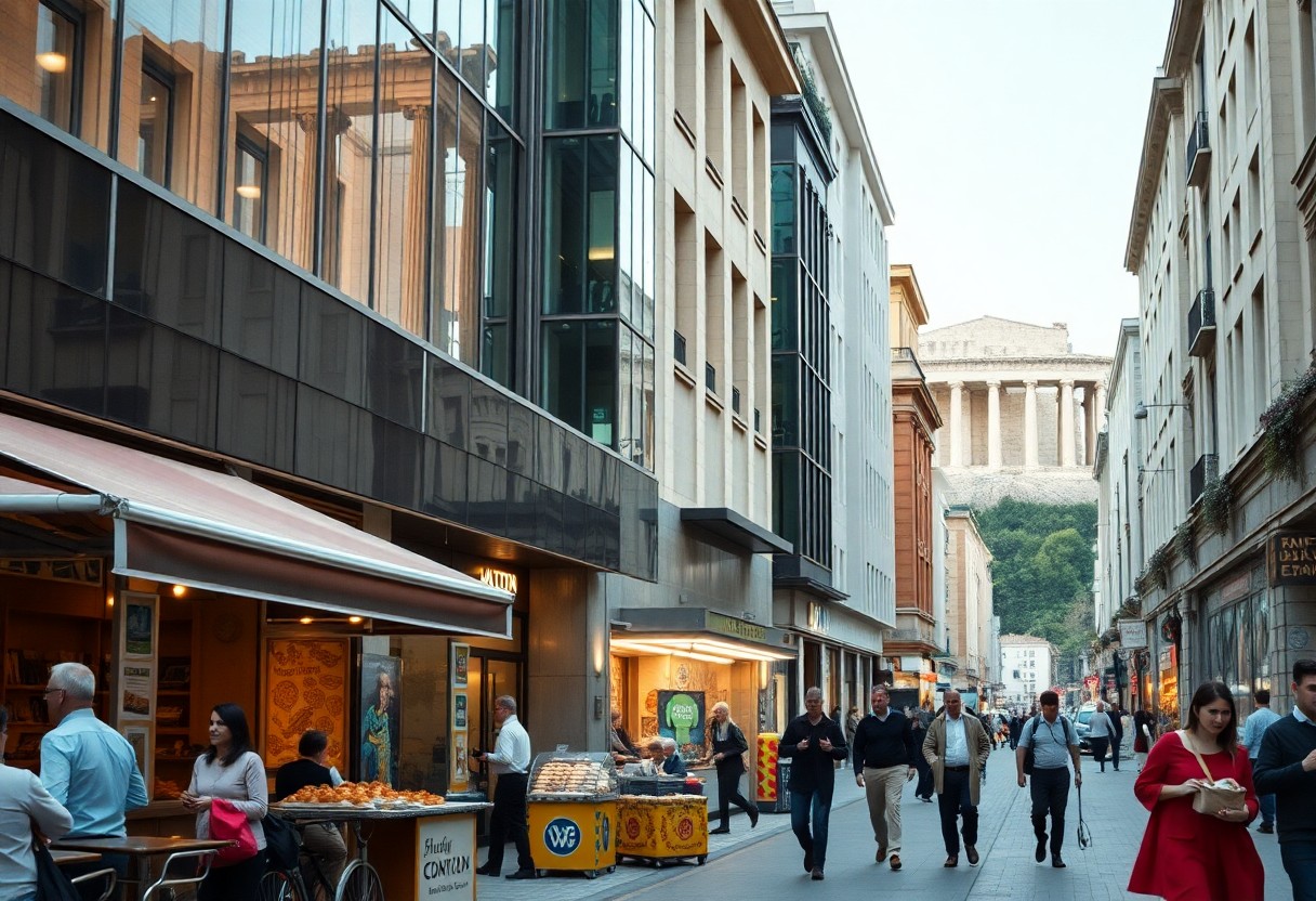 Belebte Fußgängerzone mit Geschäften und Cafés, Menschen unterwegs; im Hintergrund ein griechisches Gebäude auf einem Hügel.