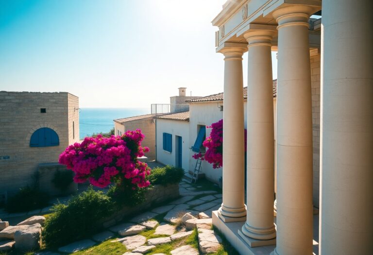 Villa am Meer mit Säulen, weißen Gebäuden, blauen Fensterläden und rosa Bougainvillea am Meer in hellem Mittelmeerlicht.