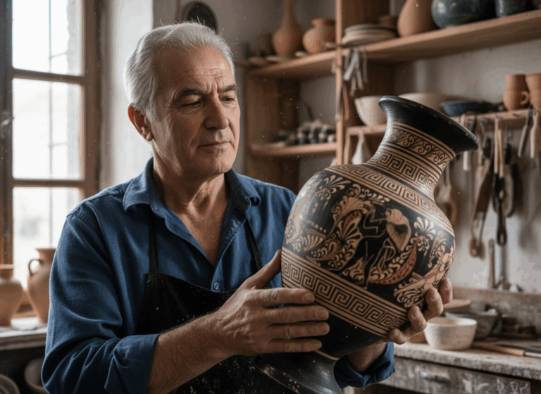 Älterer Mann begutachtet große, verzierte griechische Vase in Töpferwerkstatt mit Werkzeugen und Tongefäßen.