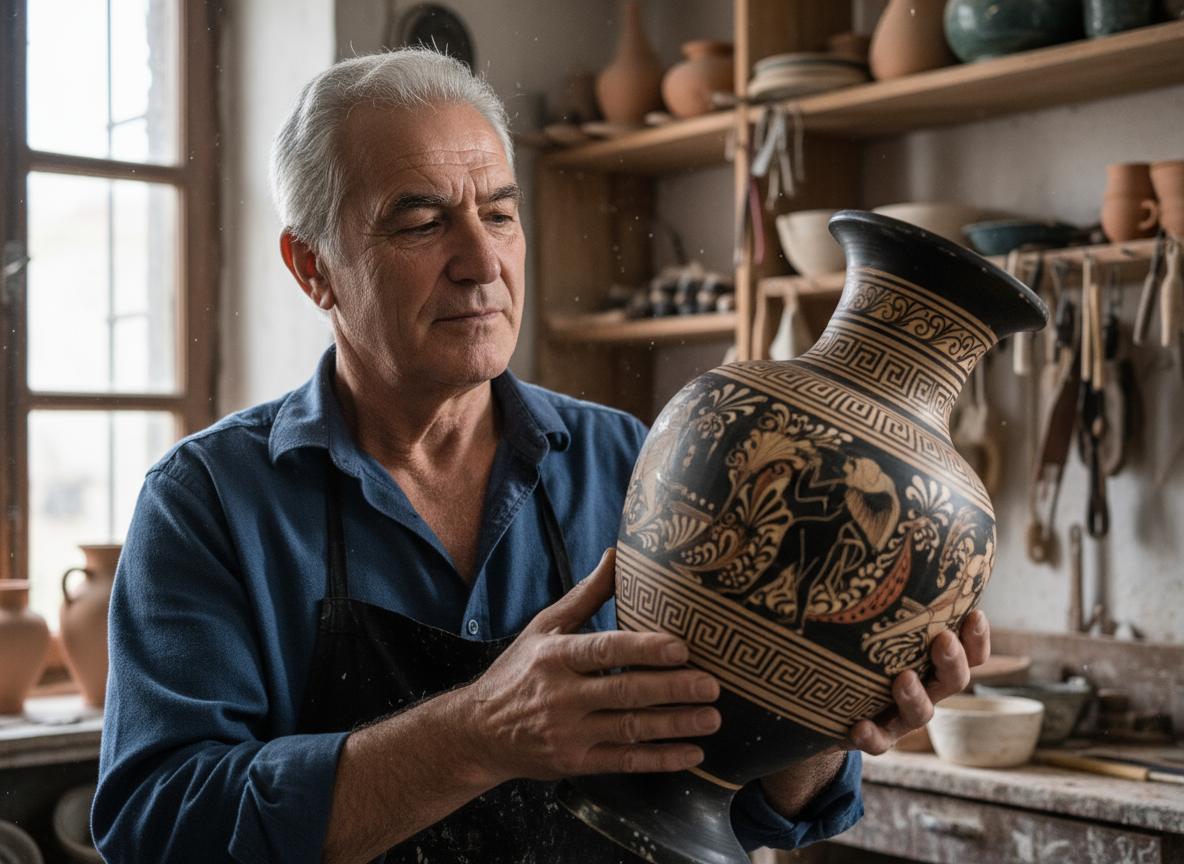 Älterer Mann begutachtet große, verzierte griechische Vase in Töpferwerkstatt mit Werkzeugen und Tongefäßen.