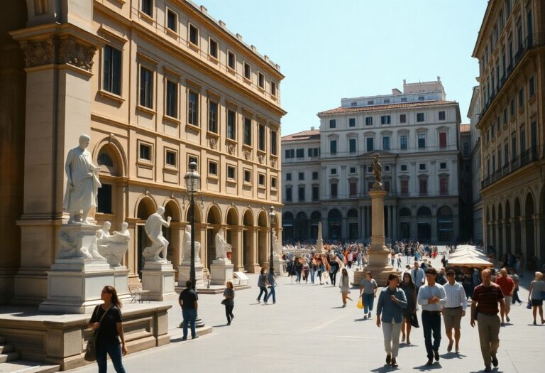 Menschen gehen über einen sonnigen europäischen Platz mit klassischen Gebäuden, Statuen und Säulen; Gruppen am zentralen Denkmal.