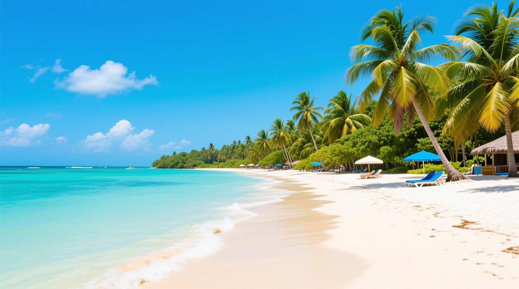 Tropischer Strand mit türkisfarbenem Wasser, weißem Sand, Palmen, blauem Himmel, ein paar Wolken, Liegestühlen und Sonnenschirmen.